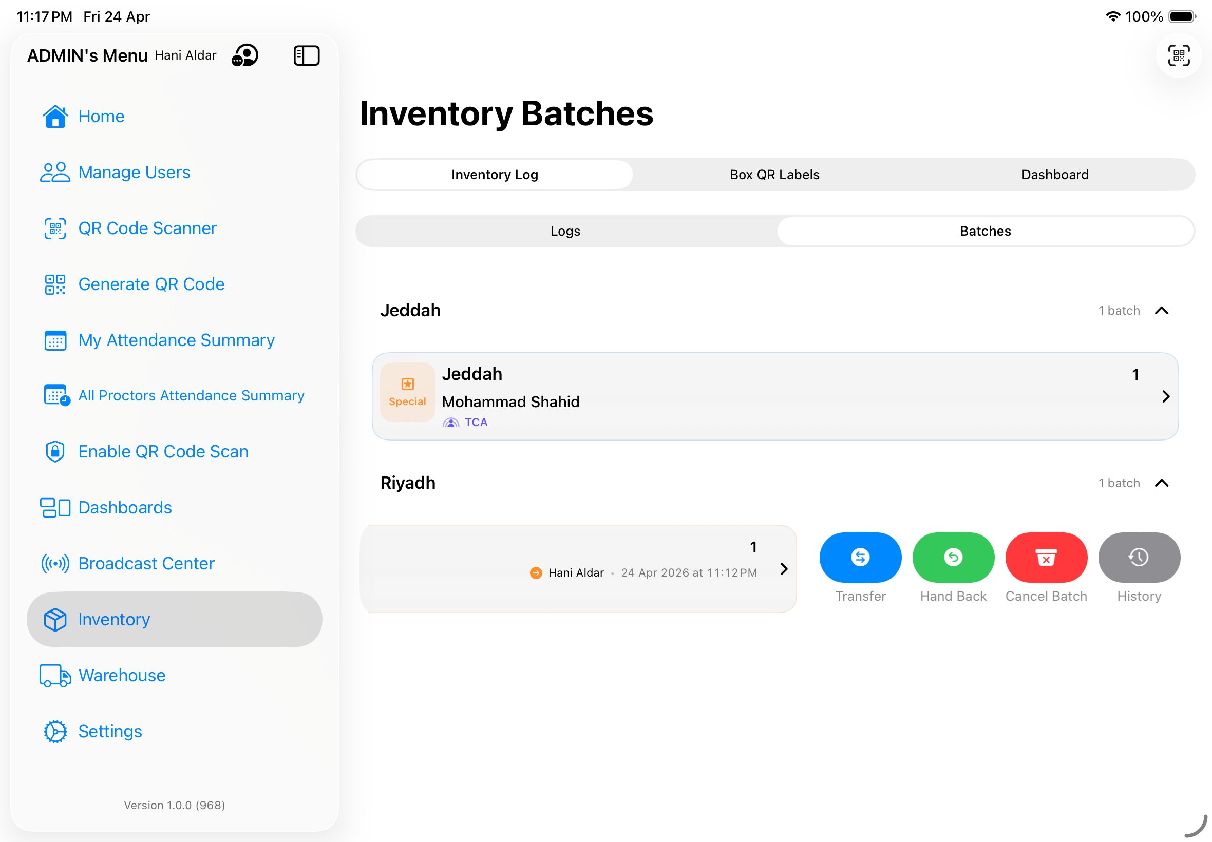 Inventory Batches screen grouped by city with Transfer, Hand Back, Cancel Batch, History actions