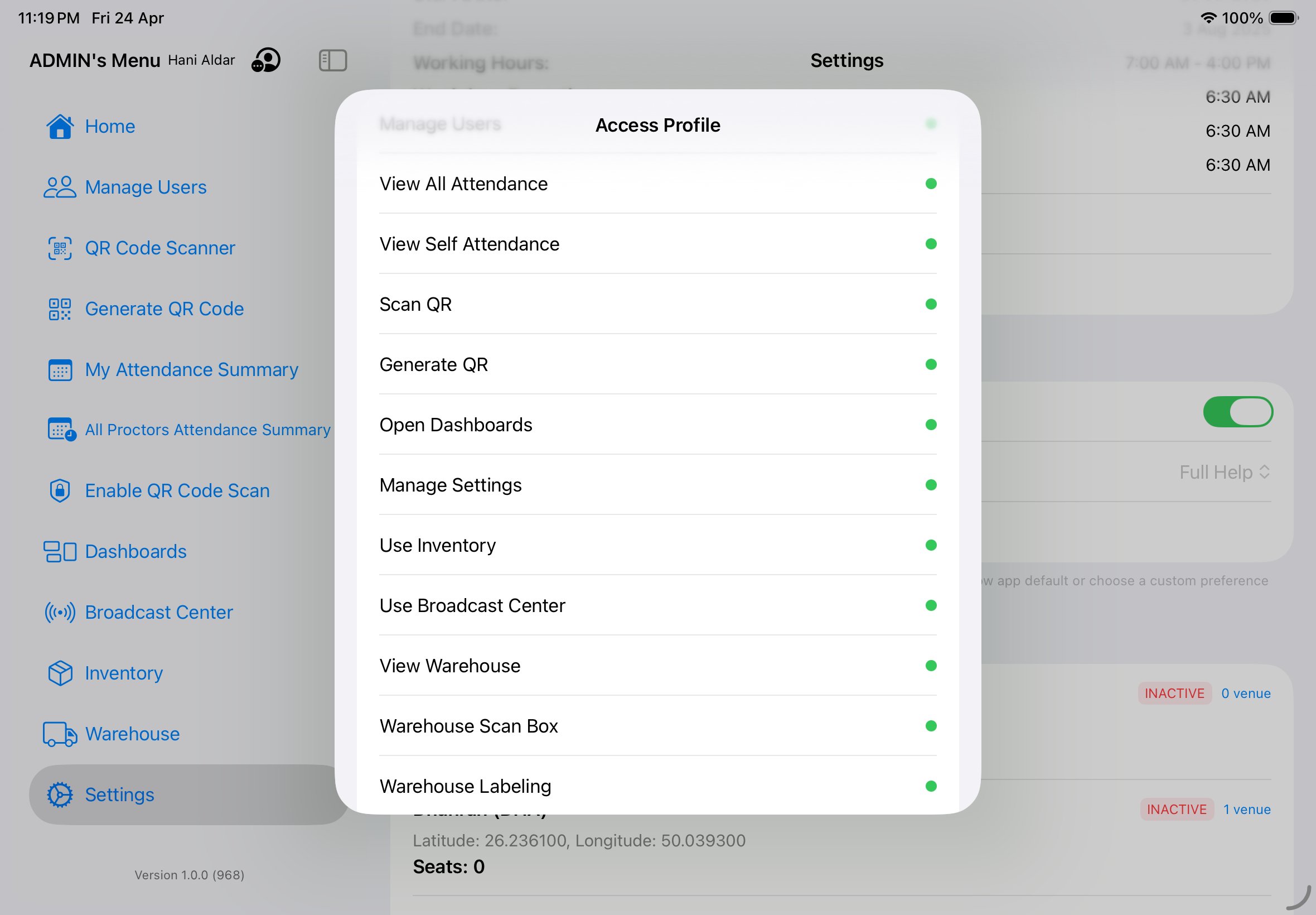 Access Profile showing Menu Options with green dots for each granted permission