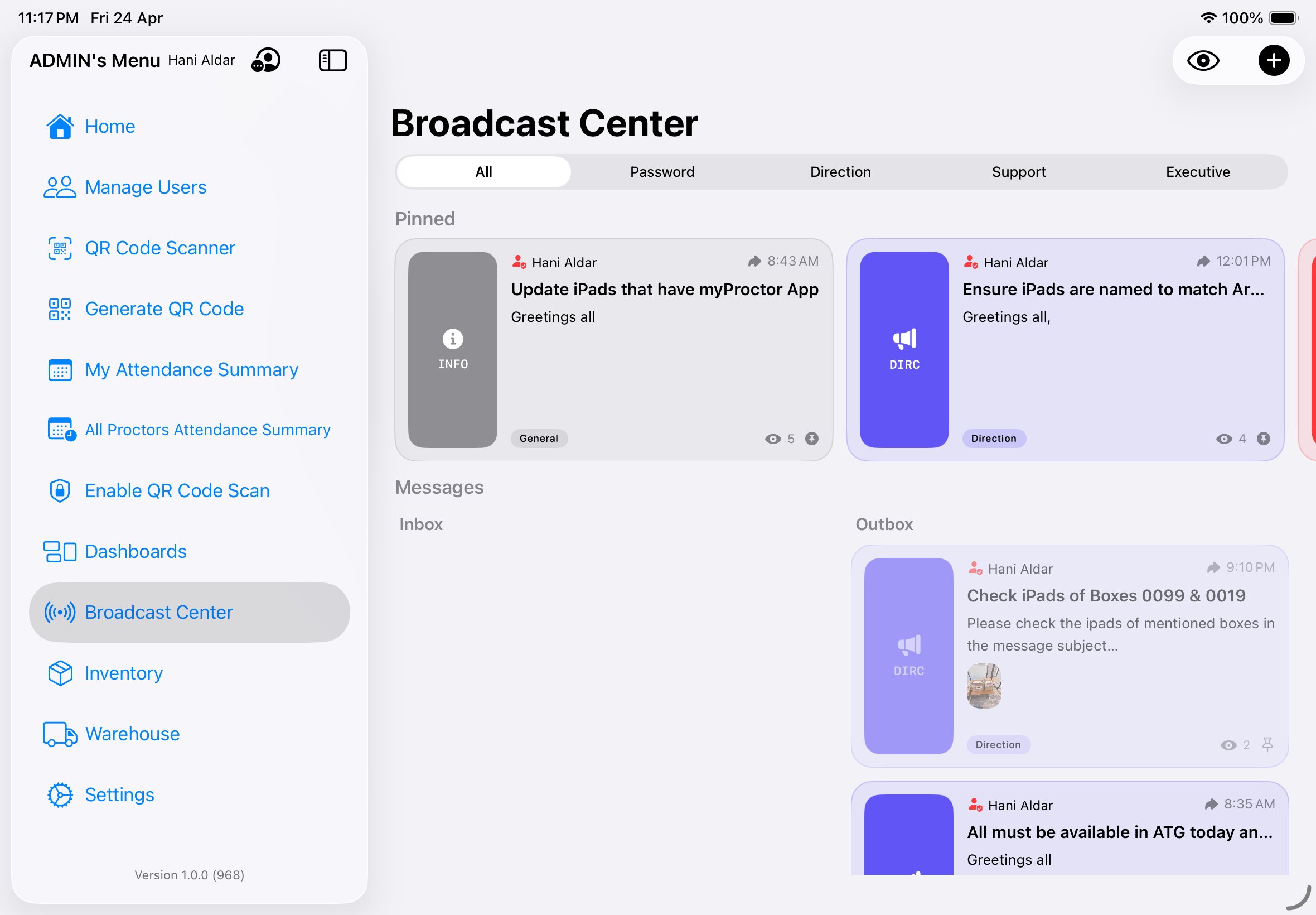 Broadcast Center with Pinned section and Inbox